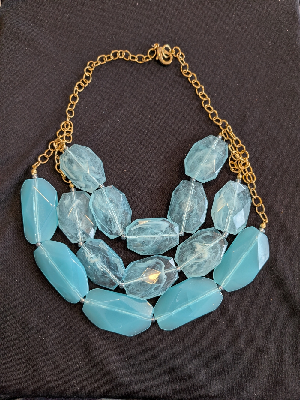 Gold Tone Chain Aqua Blue Statement Necklace 10.5"- Women Jewelry